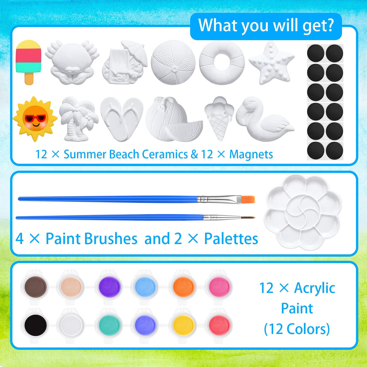 Sinmoe 12 Sets Arts and Crafts Set Painting Kit for Kids Unpainted DIY Ceramic Figurines Paint Your Own Figurines with 12 Magnet 2 Brushes and 1 Palette Ceramic Painting Kit for Toddler (Beach) Sinmoe