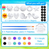 Sinmoe 12 Sets Arts and Crafts Set Painting Kit for Kids Unpainted DIY Ceramic Figurines Paint Your Own Figurines with 12 Magnet 2 Brushes and 1 Palette Ceramic Painting Kit for Toddler (Beach) Sinmoe