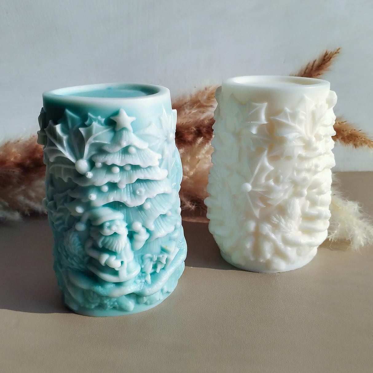 Wehous Christmas Candle Molds, 3D Embossed Santa Tree Holly Cylinder Silicone Molds for Resin Candle Soap Wax, Christmas Ornament Fondant Chocolate Dessert Mold Art Craft Xmas Decor (Santa & Tree) Wehous