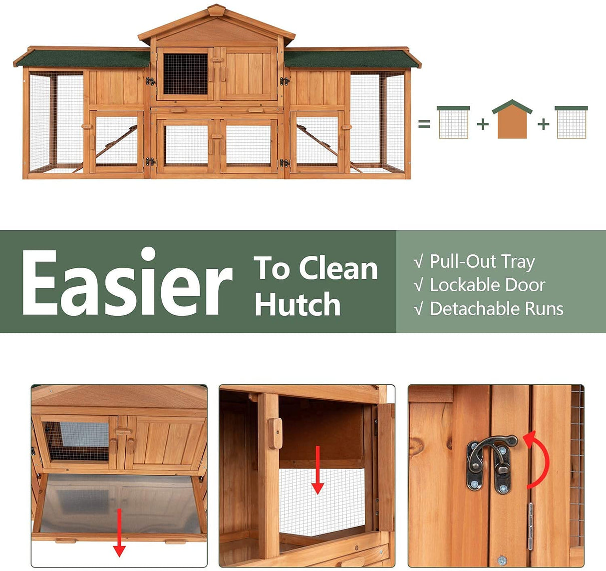 Rabbit Hutch Outdoor, 74" Large Bunny Cage with Waterproof Roof, Removable Pull Out Tray, 2 Runs, 2-tier Wooden Rabbit House for Small Animals, Rabbit Enclosure Suits for Guinea Pigs, Hamster, Natural Kinpaw