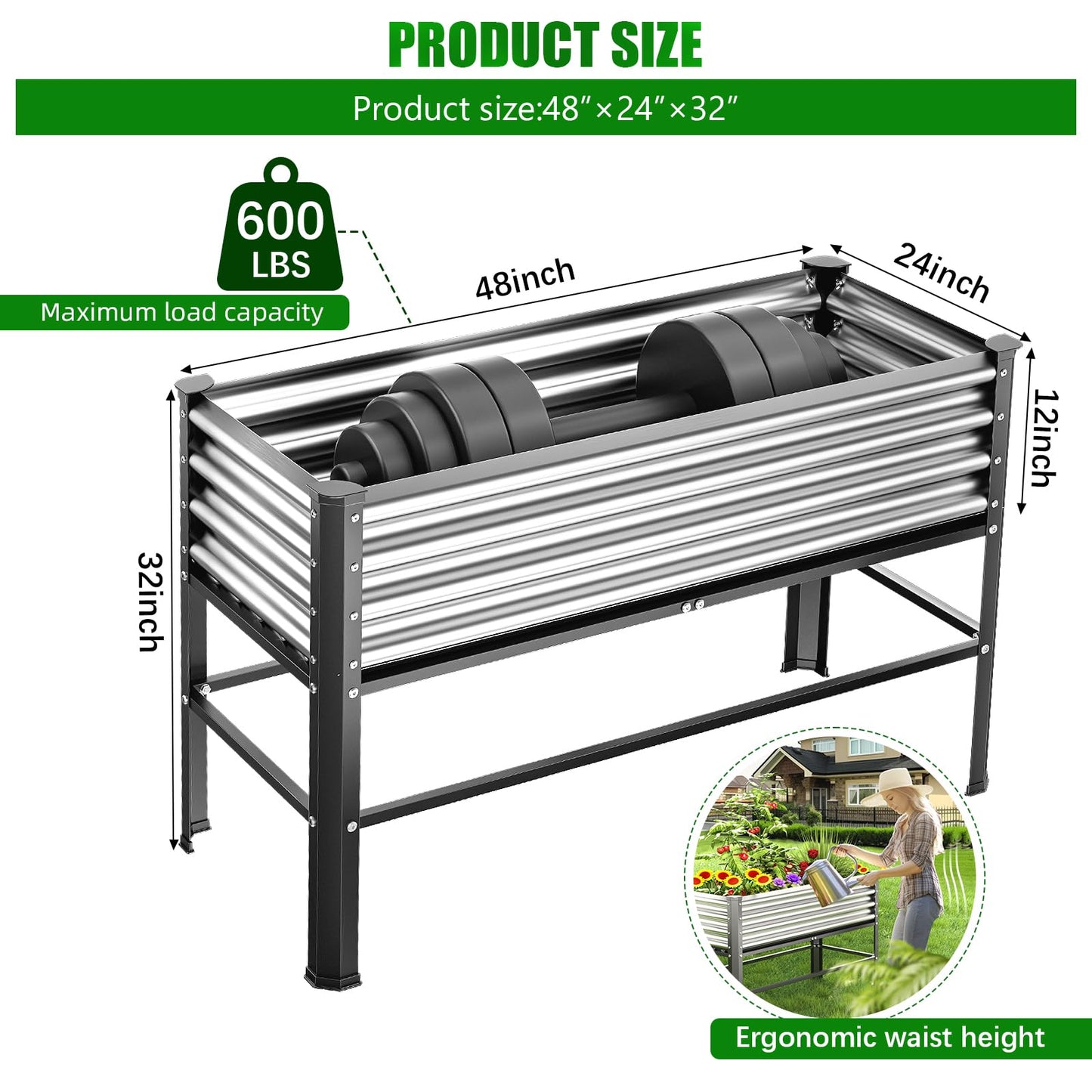 Doniks Raised Garden Bed with Legs, 48×24×32in Large Outdoor Metal Galvanized Garden Planting Box, 600lb Capacity for Vegetables Lawn Green Flowers, Fruits, Terrace