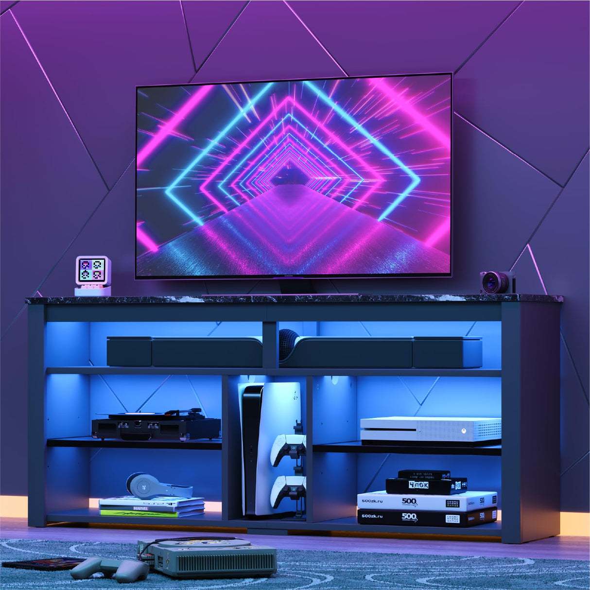 Bestier LED Tall Entertainment Center, 55 inch TV Stand for 55/60/65 inch TV, Gaming TV Cabinet with Storage for PS5 Xbox, Adjustable Shelf Media TV Console for Living Room Bedroom, Black Marble Bestier