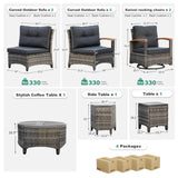 MEISSALIVVE 9-Piece Outdoor Patio Furniture Set, Half-Moon Curved Sectional Set with Wood Armrests, Patio Conversation Set, Tempered Glass Coffee & Side Tables (Grey) MEISSALIVVE