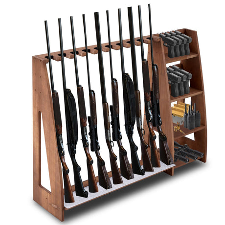 Wooden Gun Rack with Holder, Indoor Floor Standing Rifle Rack, Gun Display Storage for Home or Garage Storage, Holds 10 Long guns and 8 handguns(Walnut) Lineshading