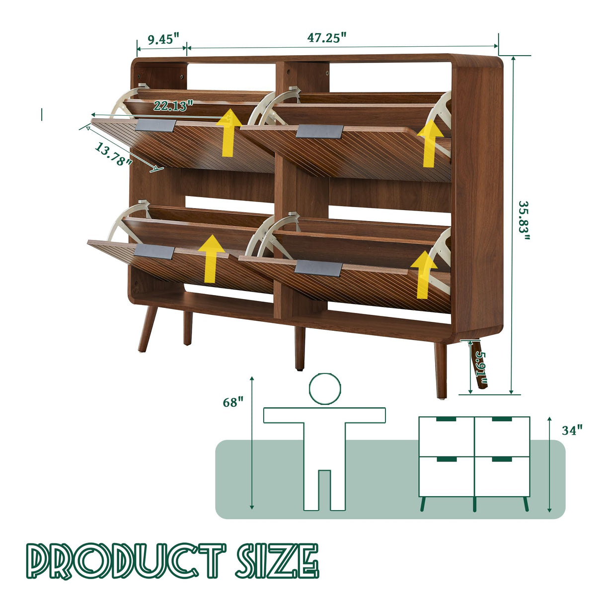 47" Fluted Large Shoe Cabinet with 4 Flip Drawers, Slim Freestanding Shoe Cabinet Organizer, Narrow Shoes Storage Rack for Entryway, 5 Sturdy Legs (All Walnut, 9.45" D x 47.24" W x 35.83" H) FurSch