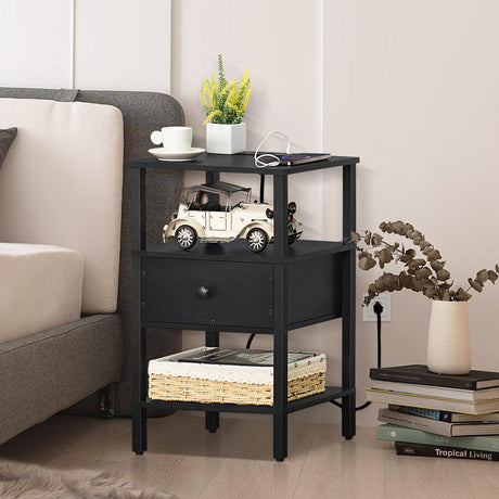 Lerliuo Nightstand with Charging Station and USB Ports, 3-Tier Storage End Table with Drawer Shelf, Night Stand for Small Spaces, Wood Bed Side Table for Living Room, Bedroom - Classic Black Lerliuo