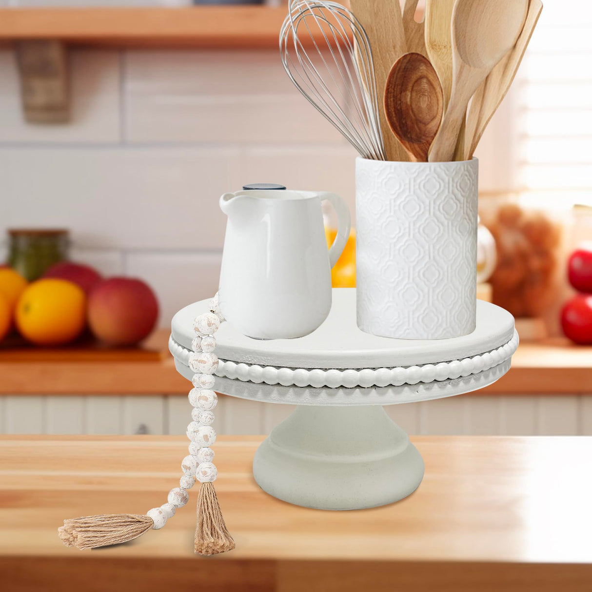 dwellington White Wash Display Wood Riser, 8.25inch Shabby Chic Pedestal Tray Decor with Beads, Farmhouse Display Stands for Coffee Bar, Bathroom, Kitchen Island (White) dwellington