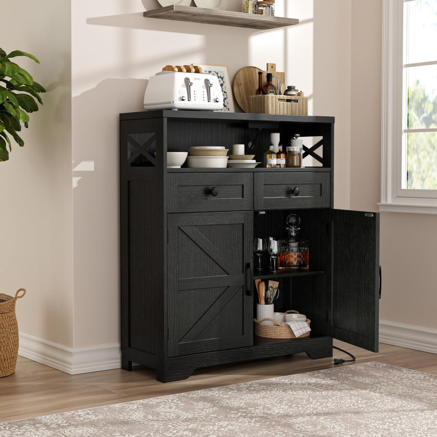 31.5" Black Storage Cabinet with Drawers & Shelf, Farmhouse Sideboard Buffet Cabinet with Storage, Kitchen Pantry Hutch Cabinet, Coffee Bar Cabinet Station Table for Kitchen, Livingroom, Dining Room