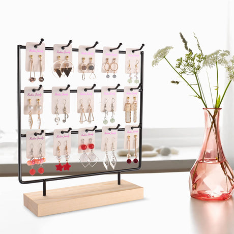 shidaishiye Earring Display Stand for Selling, Wood Earring Rack Tower Display Holder Stand (3 Tier,15 Hooks, Black) shidaishiye