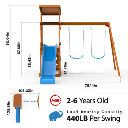 Dolphin Playground Wooden Swing Sets for Backyard, Playground Sets for Backyards with Slide, Sandbox, Climbing Wall, and 2 Belt Swings, Outdoor Playset, Backyard Playground Set, Ages 2-6