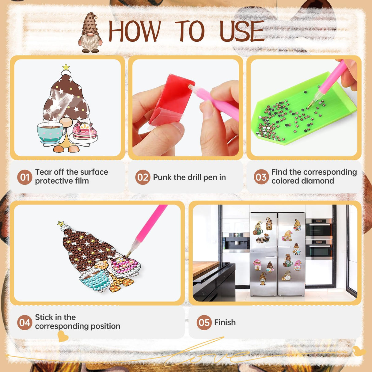 Sitsink Gnome Diamond Art Magnet - Cute Coffee Gnome Diamond Painting Refrigerator Stickers, Coffee Cookie 3D Gem Art Fridge Magnet Stickers Kit for Adult Sitsink