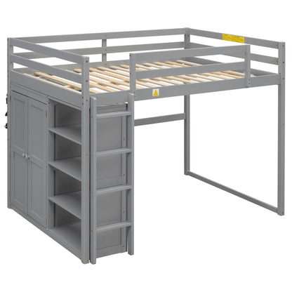 Contemporary Gray Full Size Loft Bed with Integrated Wardrobe and Storage, LED Light & Guardrails - WoodArtSupply