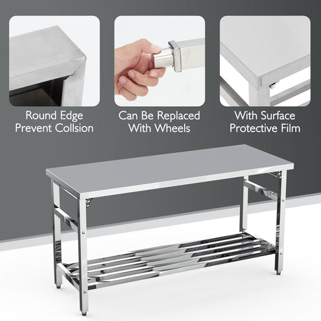 24 x 60 Inch Stainless Steel Folding Table for Prep & Work, NSF Commercial Heavy-duty Stainless Steel Kitchen Island with Undershelf for Restaurant and Home Fashionwu