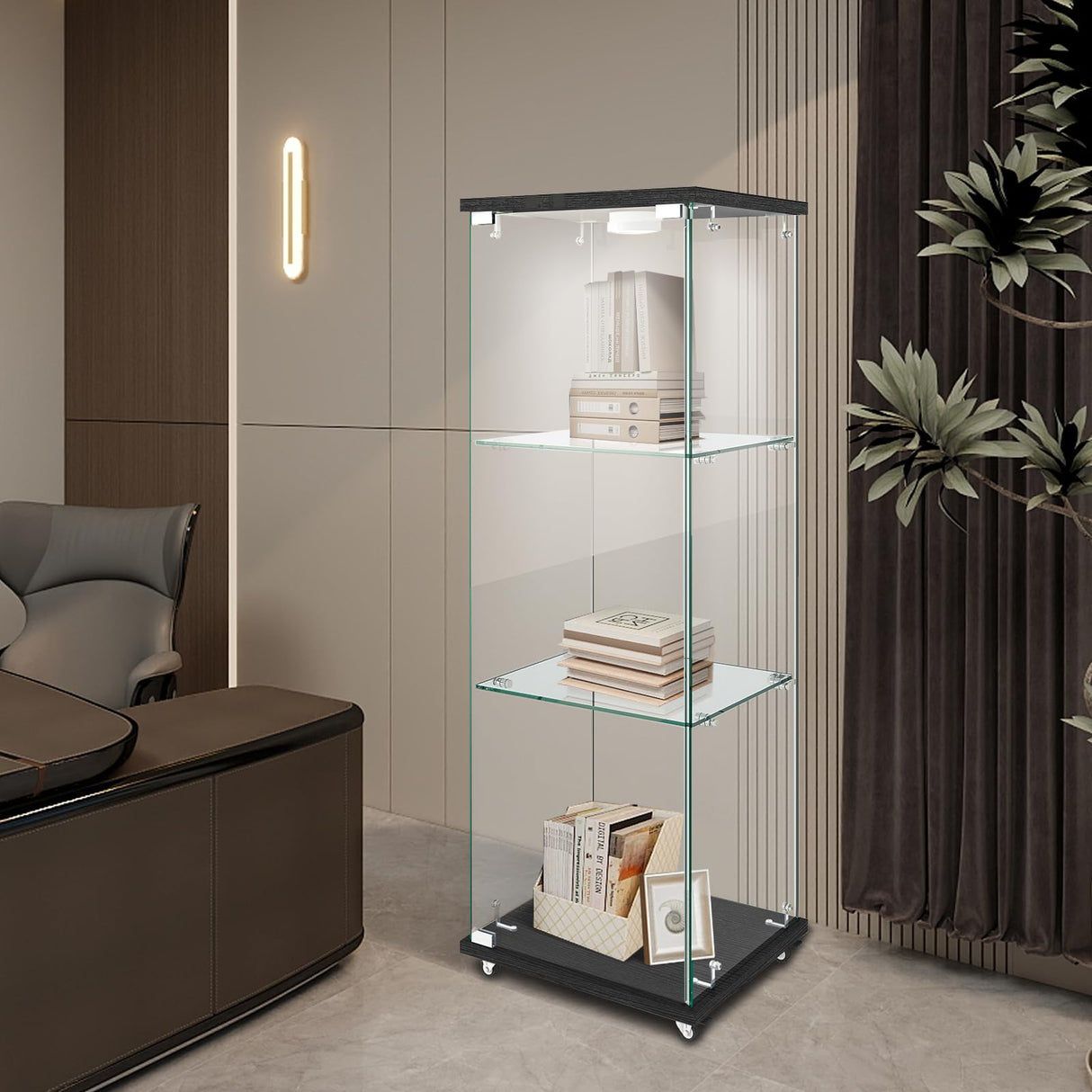 LKTART Glass Display Cabinet 3 Shelf with Single Door, Curio Display Cabinet with 12 Adjustable Color Led Light, 4 Caster Wheels with Brakes, 360 Rotation of Display Cabinets for Collectibles, Black LKTART