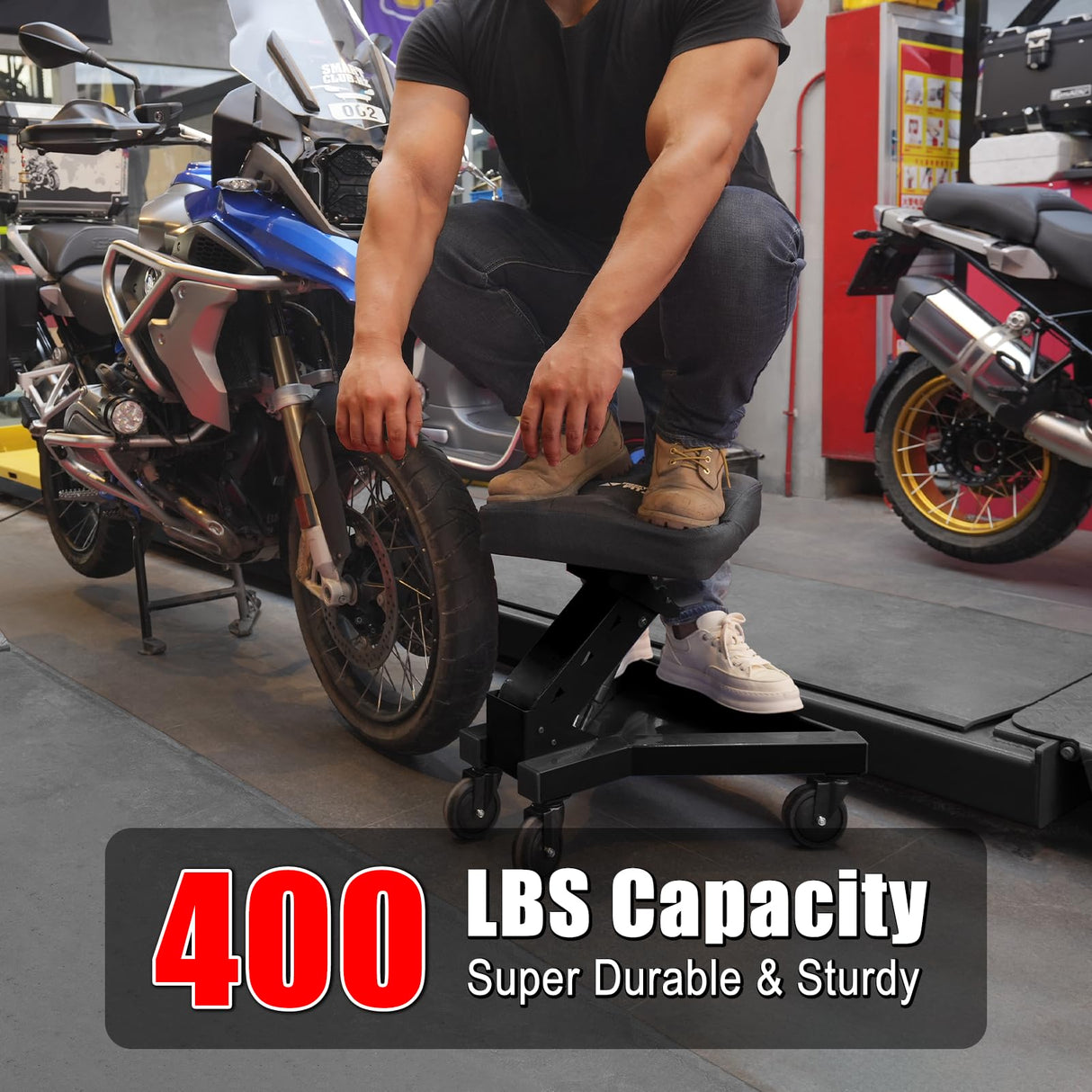 FreekyFit Mechanic Stool with Wheels, Hydraulic Adjustable Shop Stool on Wheels, Garage Work Rolling Stool Chair for Workshop, 400 LBS Capacity, 4 Inch Casters, 360° Swivel Padded Seat, Black FreekyFit