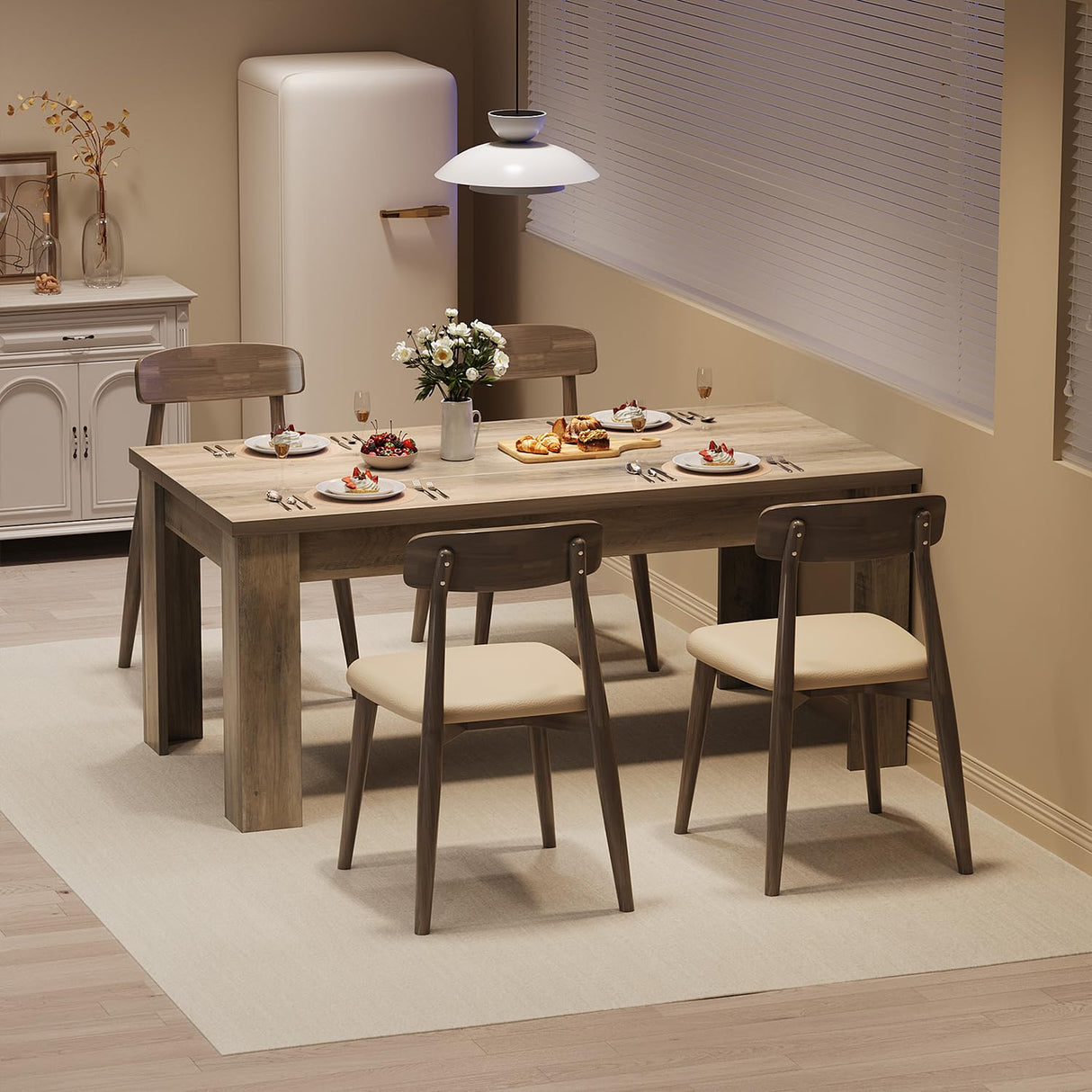 Garvee Wood Farmhouse Dining Table for 4-6, Heavy Duty Large Kitchen Table, 63 Inches Long Rectangular Dining Room Tables with Strong Legs, 1.18" Thickness Tabletop, for Big Family, Rustic Gray Garvee