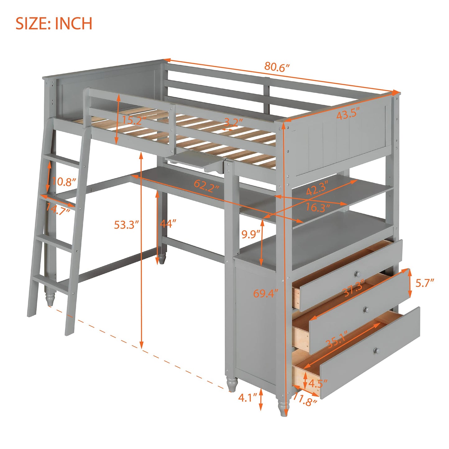 Bellemave Grey Loft Bed with Desk and Storage for Kids and Teens - WoodArtSupply