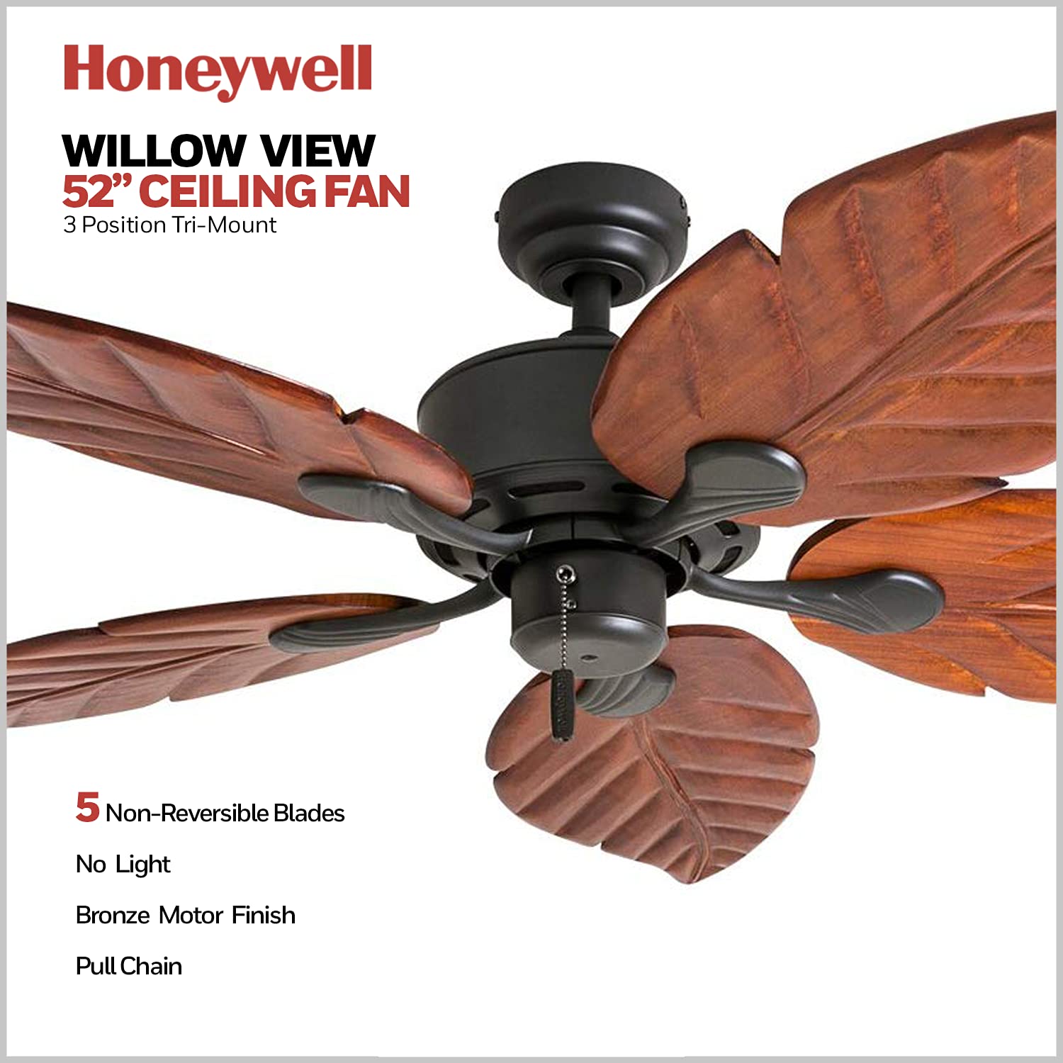 Honeywell Ceiling Fans Willow View, 52 Inch Tropical Indoor Ceiling Fan with No Light, Pull Chain, Three Mounting Options, Hand Carved Wooden Leaf Blades - 50501-01 (Bronze) - WoodArtSupply