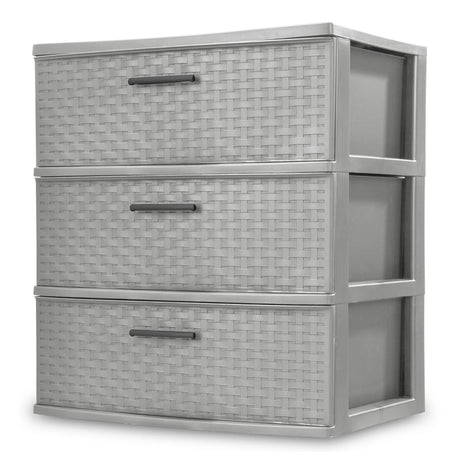 CLMSTE Gray Storage Drawer, 3 Drawer Plastic Weave Wide Tower with Pull Handles CLMSTE