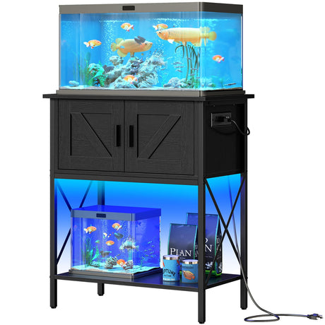 HOOBRO 20 Gallon Fish Tank Stand with Power Outlets and LED Light, Metal Frame Aquarium Stand, Reptile, Turtle Tank Stand with Cabinet Storage, 27.6'' L x 15.7'' W, 300 LBS Capacity, Black BB40UDFT01 HOOBRO