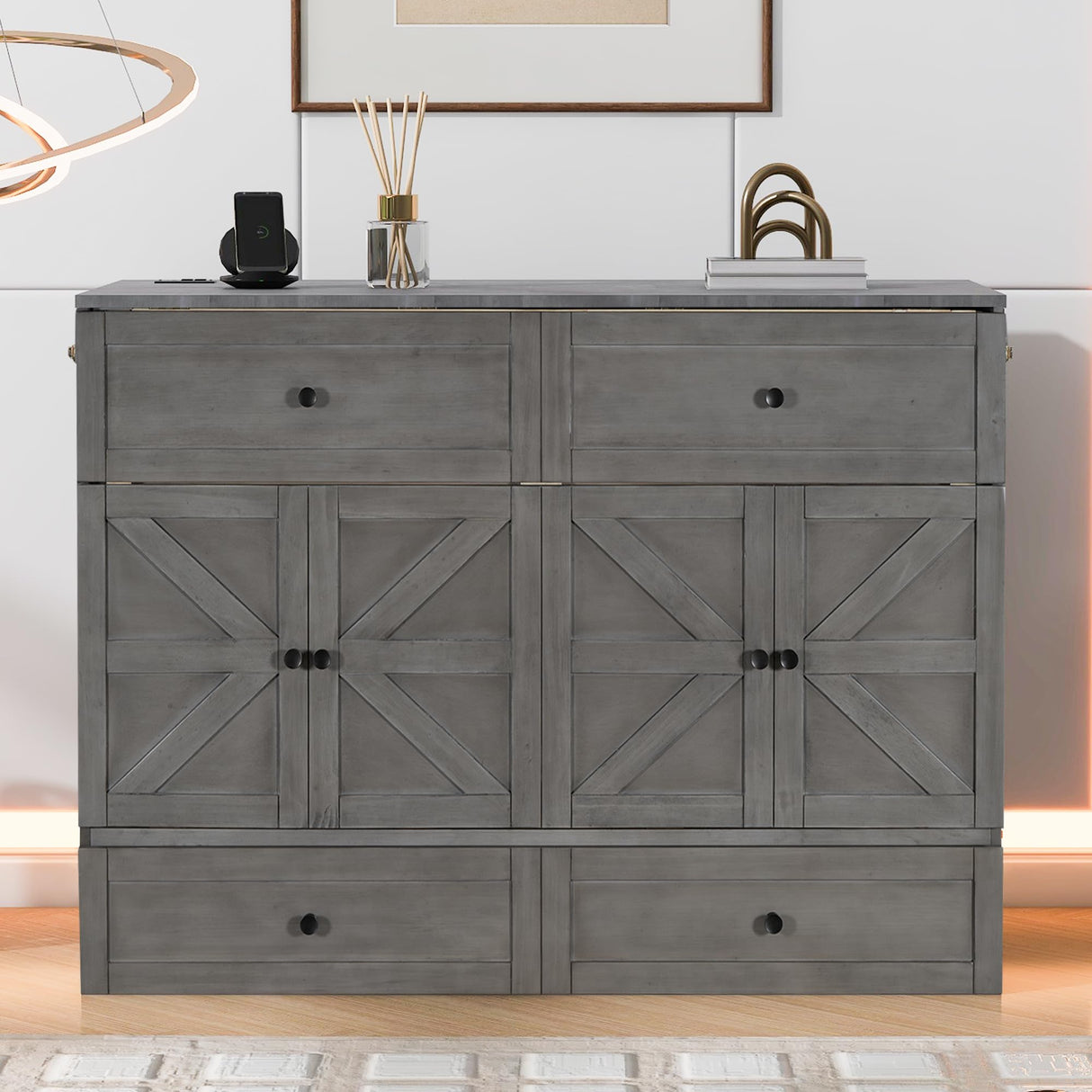 YOPTO Full Size Murphy Bed Chest,Folding Storage Wall Bed with Large Drawers,USB Ports & 2 Three-Prong Outlets,Hidden Cabinet Platform Bed W/Wood Slats Support,for Bedroom,Guest Room,Brushed Gray YOPTO