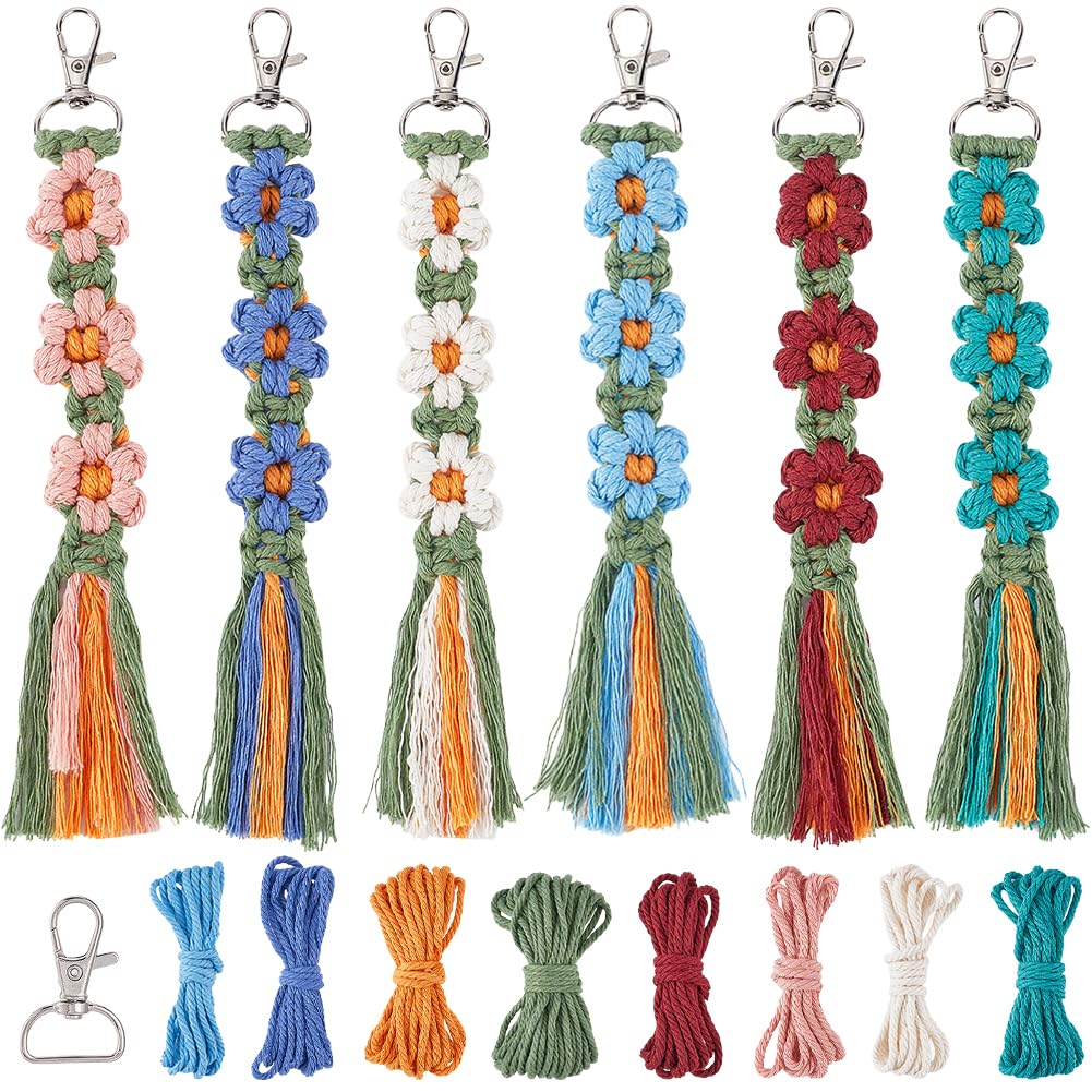 SUNNYCLUE 6 Sets Keychain Making Kits Macrame Keychain Kit Daisy Flower Keychain with Instruction Boho Tassel Keychains Flowers Macrame Kits for Beginners Adults Handbags DIY Hanging Ornament Decor SUNNYCLUE