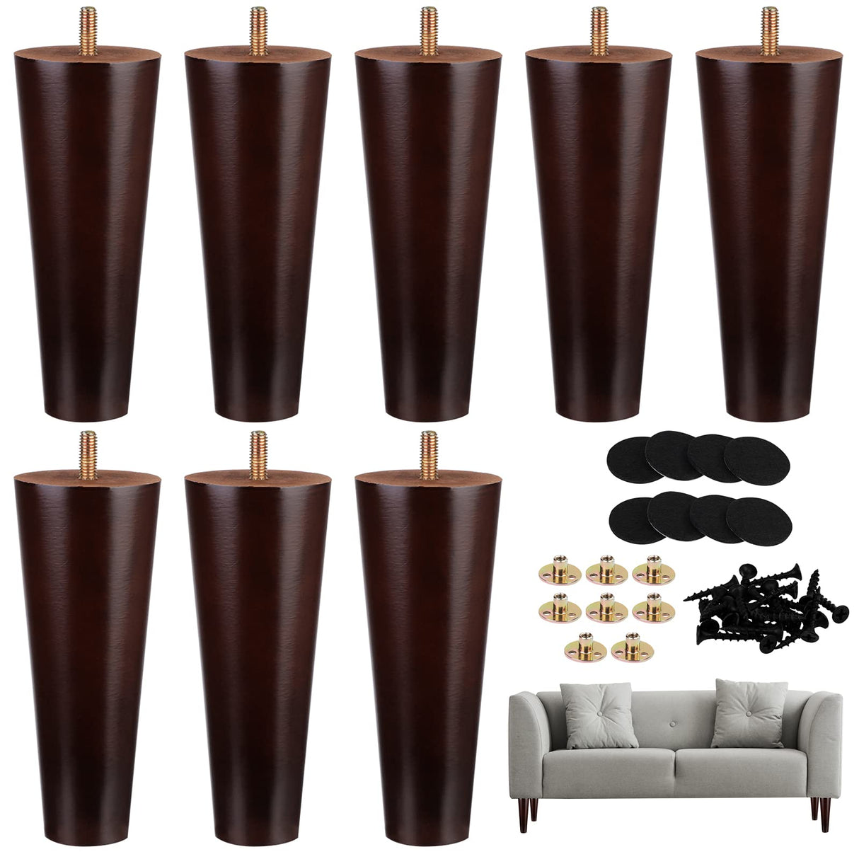 Ruisita 8 Pieces Furniture Couch Legs 6 Inch Round Solid Wood Sofa Legs Natural Wooden Couch Legs Replacement Legs for Armchair, Cabinet, Chair, Footstool, Mid Century Modern Dresser, Brown Ruisita