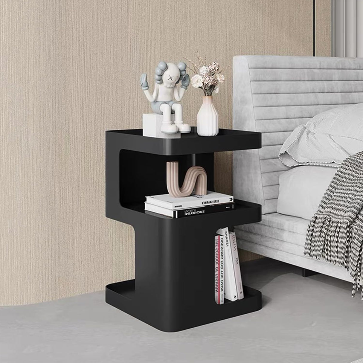 BUZUEY Side Table,Modern end Table,Unique nightstand,Black Metal Bedside Table,3-Tier Accent Table with Storage for Bedroom,Living Room,Small Space,Couch.No Assembly Required BUZUEY