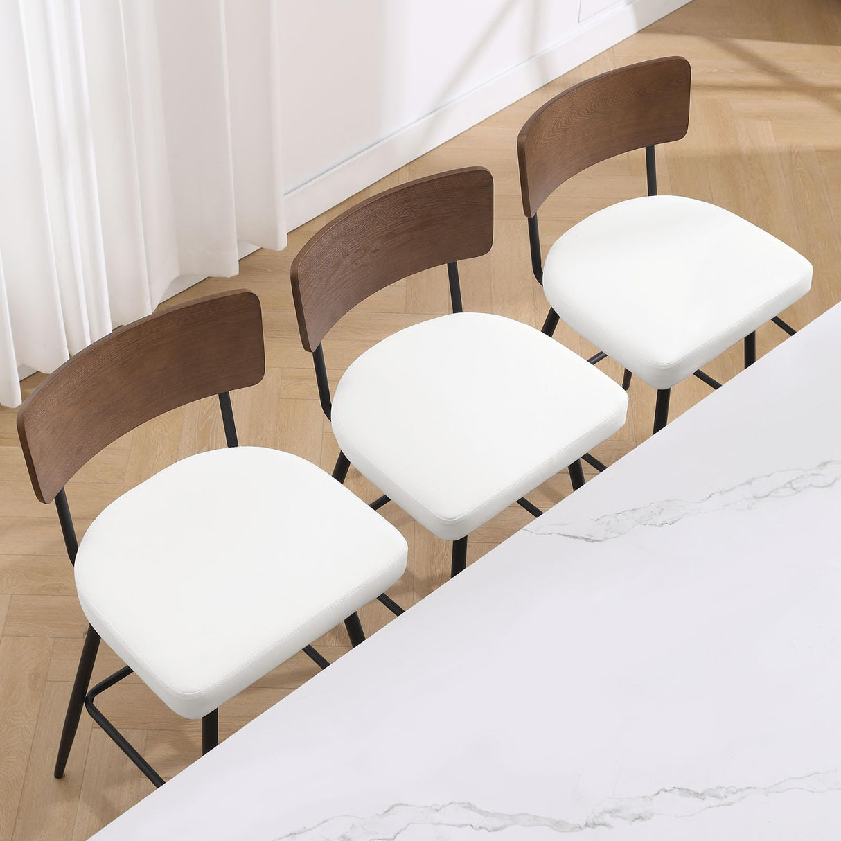 Bekrvio Counter Height Swivel Bar Stools Set of 3, Upholstered Faux Leather Barstools with Wood Backs and Metal Legs, 26" Seat Height Counter Bar Stool for Kitchen Island, White Bekrvio