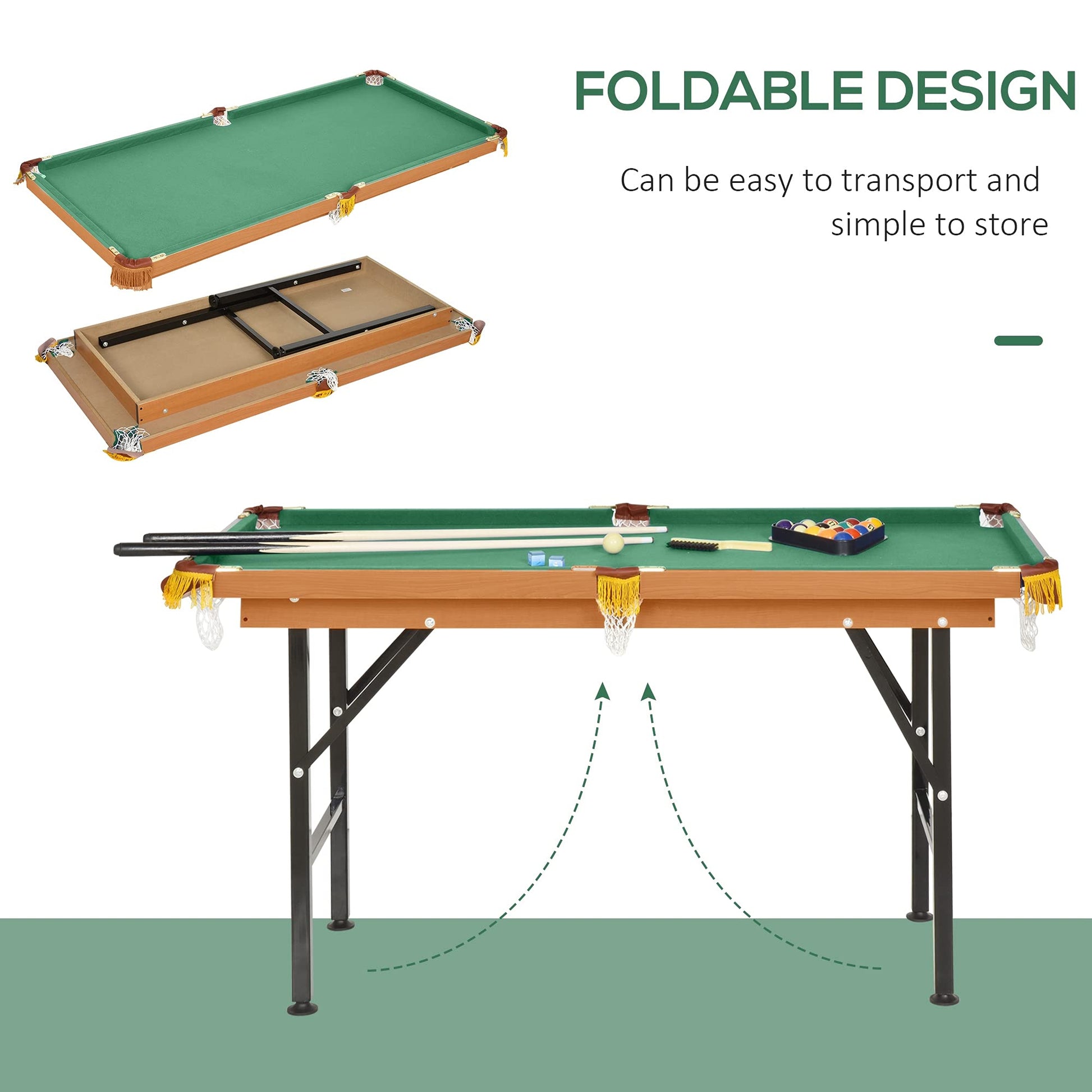 Soozier 55" Portable Folding Billiards Table Game Pool Table for Whole Family Number Use with Cues, Ball, Rack, Chalk, Green - WoodArtSupply