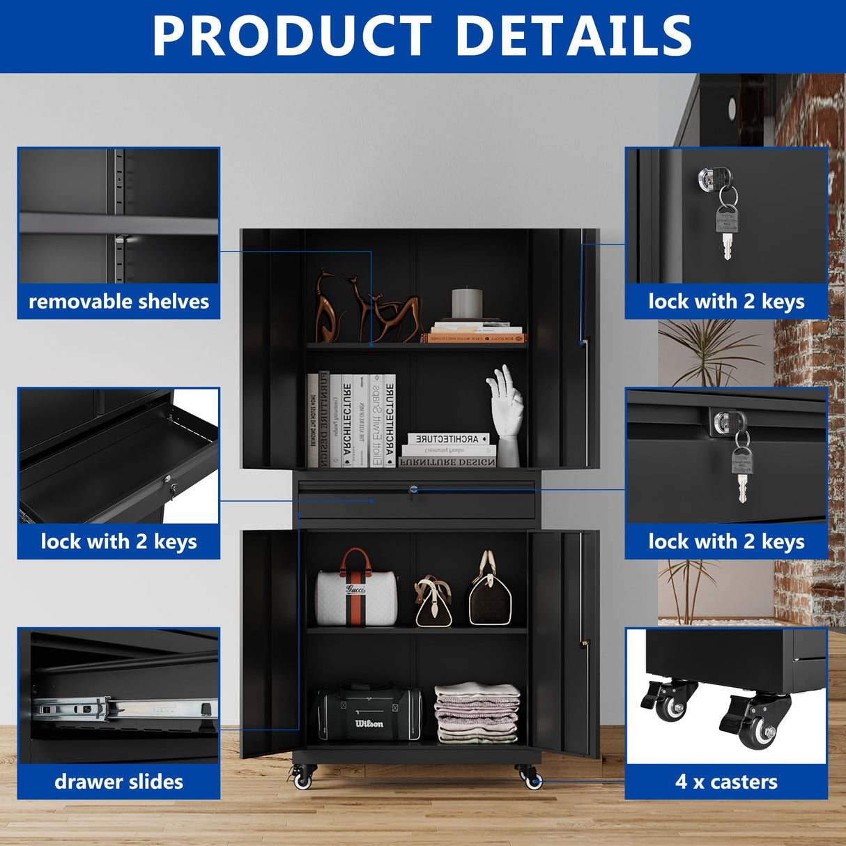 BYNSOE Metal Storage Cabinet with Wheels Metal Garage Cabinet with Adjustable Shelves Tool Storage Cabinet with 1drawer Steel Locker Cabinet with Lock for Home Garage (Black-73 4 casters) BYNSOE