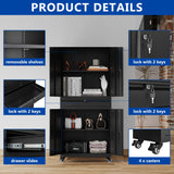 BYNSOE Metal Storage Cabinet with Wheels Metal Garage Cabinet with Adjustable Shelves Tool Storage Cabinet with 1drawer Steel Locker Cabinet with Lock for Home Garage (Black-73 4 casters) BYNSOE