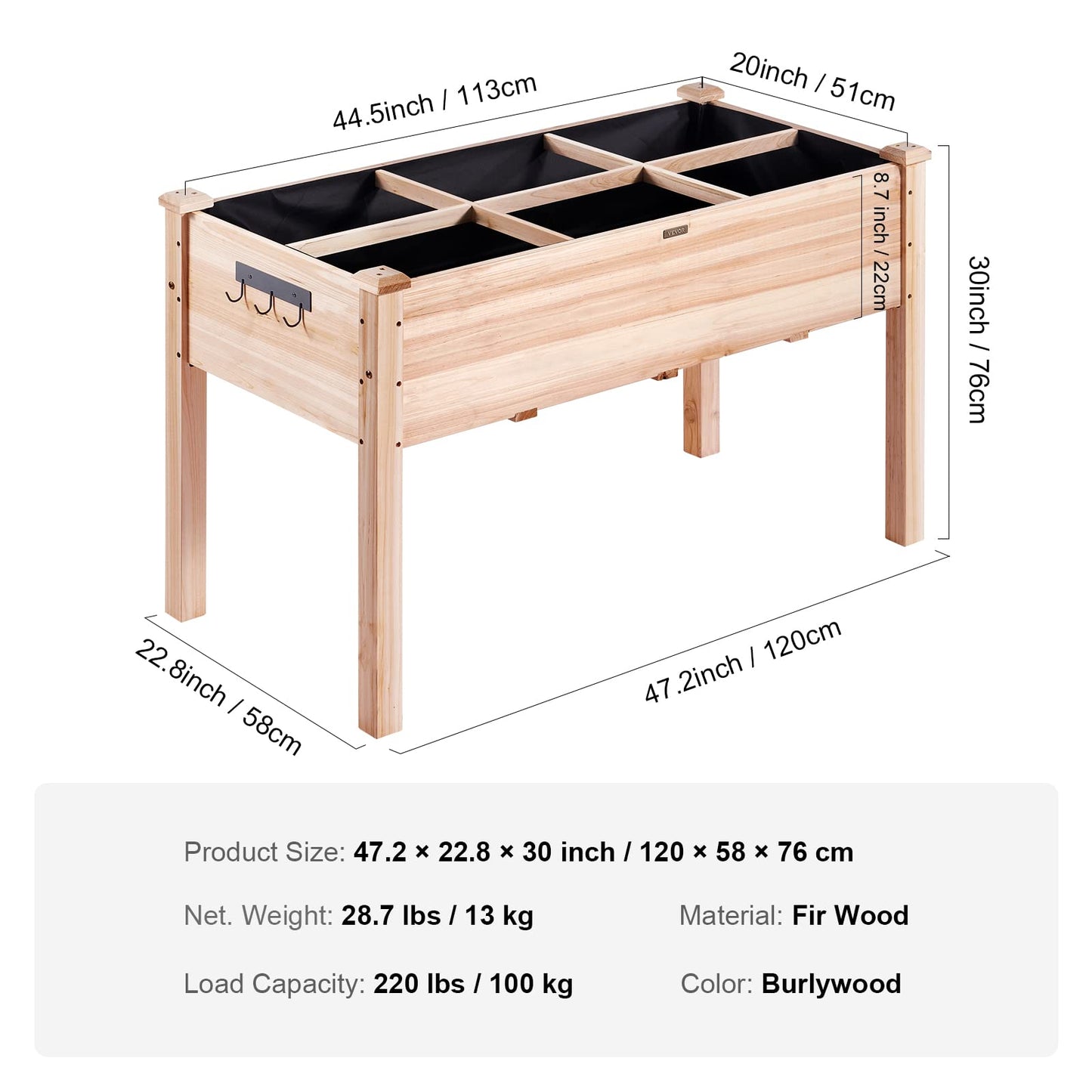 VEVOR Raised Garden Bed 48x24x30in with Sturdy Legs, High End Natural Fir Wood Planter Box Elevated Planting Stand for Backyard/Garden/Patio/Balcony w/Non -Woven Liner & 1 Set of Tool, 220lb Capacity