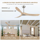 DefinElegant 52" Modern Ceiling Fan, No Light, 6-Speed, Reversible, Timed Shutdown, DC Motor, Natural Wood 3 Blade, Porch, Bedroom, Living Room DefinElegant