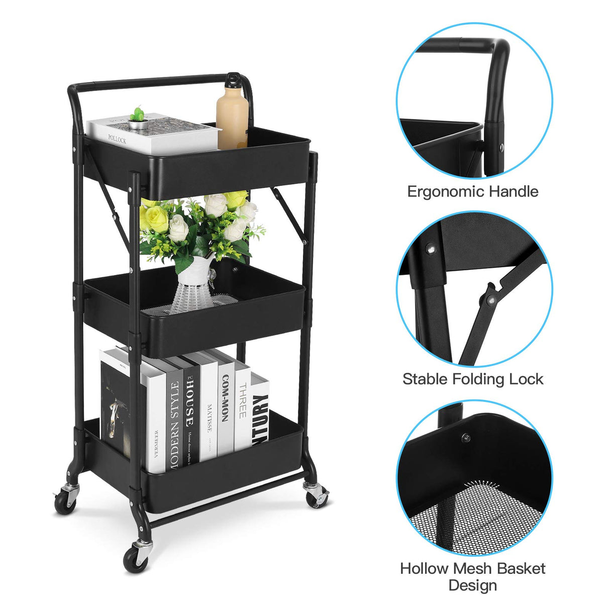 johgee Foldable 3 Tier Metal Utility Rolling Cart, Folding Mobile Multi-Function Storage Trolley Organizer Cart for Home Library Office(Black) johgee