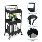 johgee Foldable 3 Tier Metal Utility Rolling Cart, Folding Mobile Multi-Function Storage Trolley Organizer Cart for Home Library Office(Black) johgee