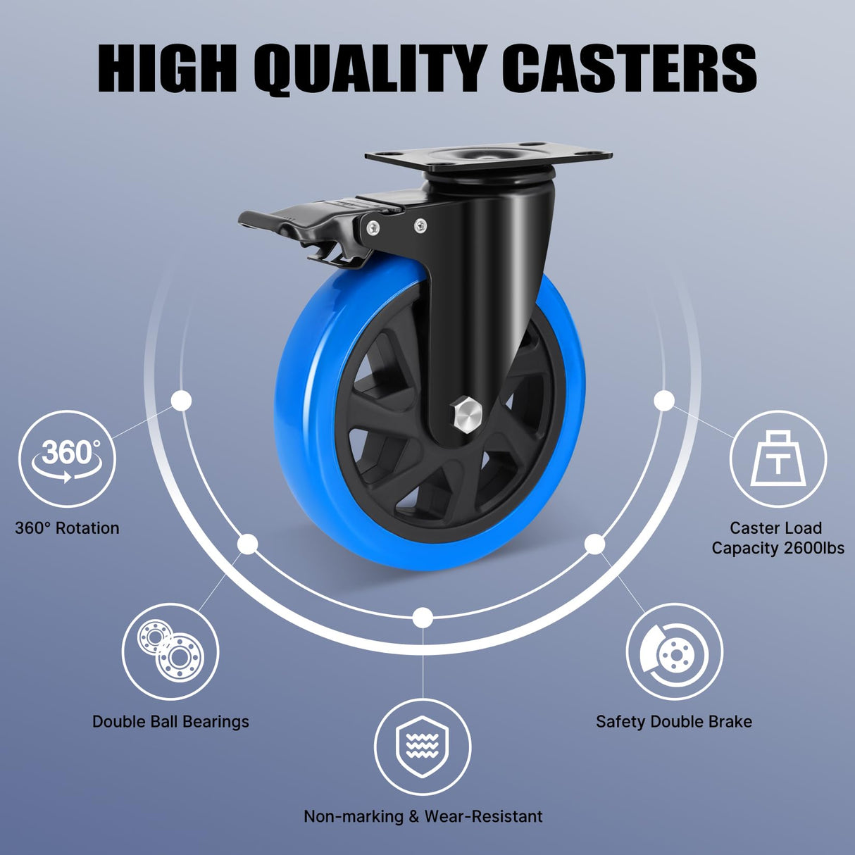 Humagineer 6 Inch Heavy Duty Casters Set of 4, 2600 Lbs Casters, Safety Swivel Casters with Brake, No Noise Top Polyurethane Plate Wheels for Industrial, Furniture, Equipment (Free Hardware Kits) Humagineer