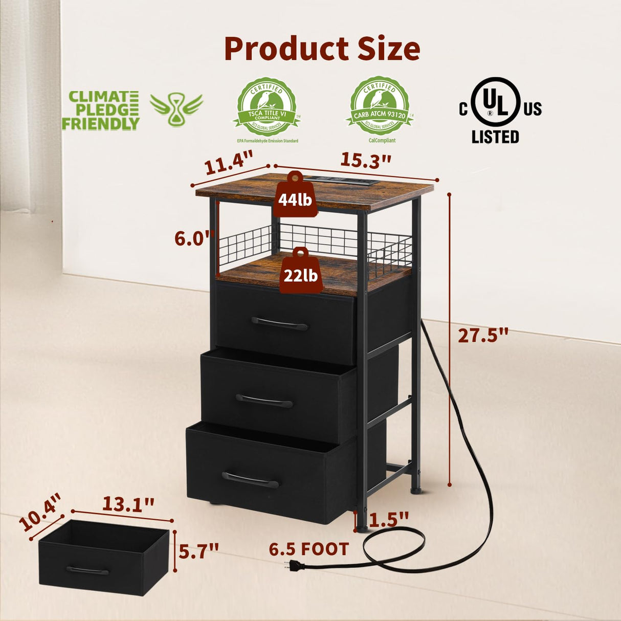LAKEMID Night Stand Set 2 with Charging Station, Nightstands Set of 2 with 20 Colors LED Light Strip 3 Drawers, Side Tables Bedroom End Table with USB ports and Outlets for Living Room (Rustic Brown) LAKEMID