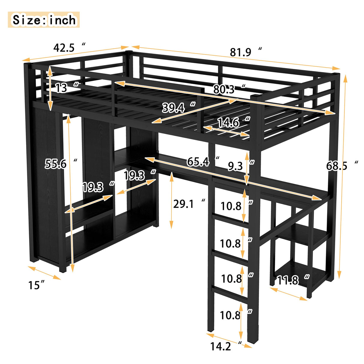Twin XL Loft Bed with Desk and Storage Shelves, Twin XL Loft Bed with Wardrobe, Hanging Rod and Guardrail and Ladder, Balck Bellemave