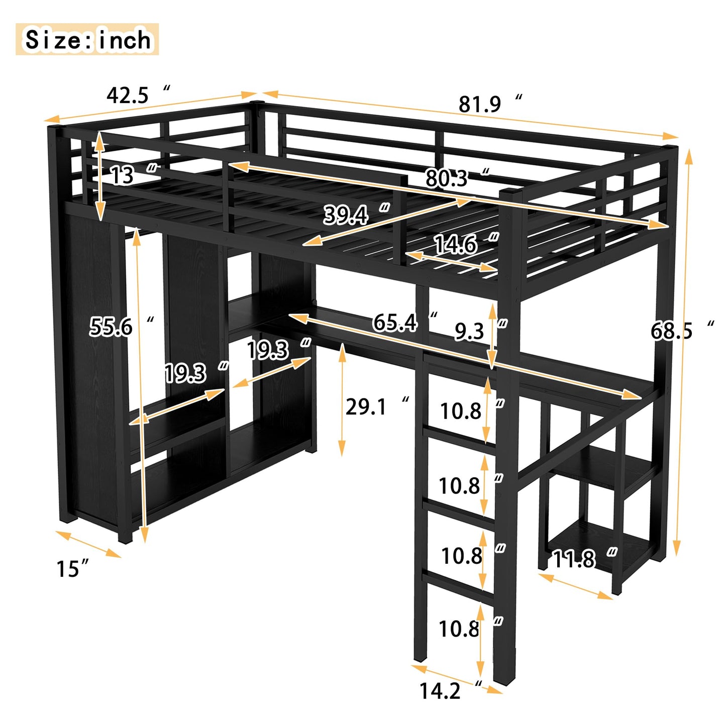 Twin XL Loft Bed with Desk and Storage Shelves, Twin XL Loft Bed with Wardrobe, Hanging Rod and Guardrail and Ladder, Balck