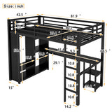 Twin XL Loft Bed with Desk and Storage Shelves, Twin XL Loft Bed with Wardrobe, Hanging Rod and Guardrail and Ladder, Balck Bellemave