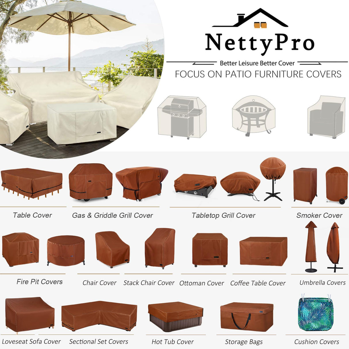 NettyPro Gas BBQ Grill Cover 56 Inch Waterproof 600D Heavy Duty Outdoor Barbecue Cover for Char-Broil, Brinkmann, Nexgrill Grills and More, Beige NettyPro