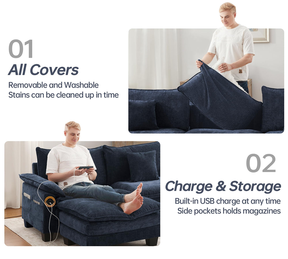 DURASPACE Modular Sectional Sofa 76.8'' Cloud Couch L Shaped Sectional Couches with Movable Ottoman, USB, Comfy Sectionals Sofa for Living Room DURASPACE