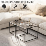 Nesting Coffee Table Set of 2, Glass Coffee Tables with LED Lights, Modern Center Table, Square Living Room Side End Tables, Coffee Table for Home, Office, Bedroom, Easy Assembly, 26.4 in, Black Adompacat