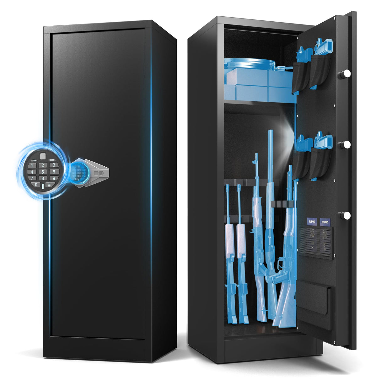 Marcree 8-10 Gun Safe, Digital Large Gun Cabinet for Rilfes and Shotguns, Rifle Safe with Removable Shelf, Shotgun Safes with Dual Alarm System&Mute Function, LED Light, Pistol Bags, Assemble Required Marcree