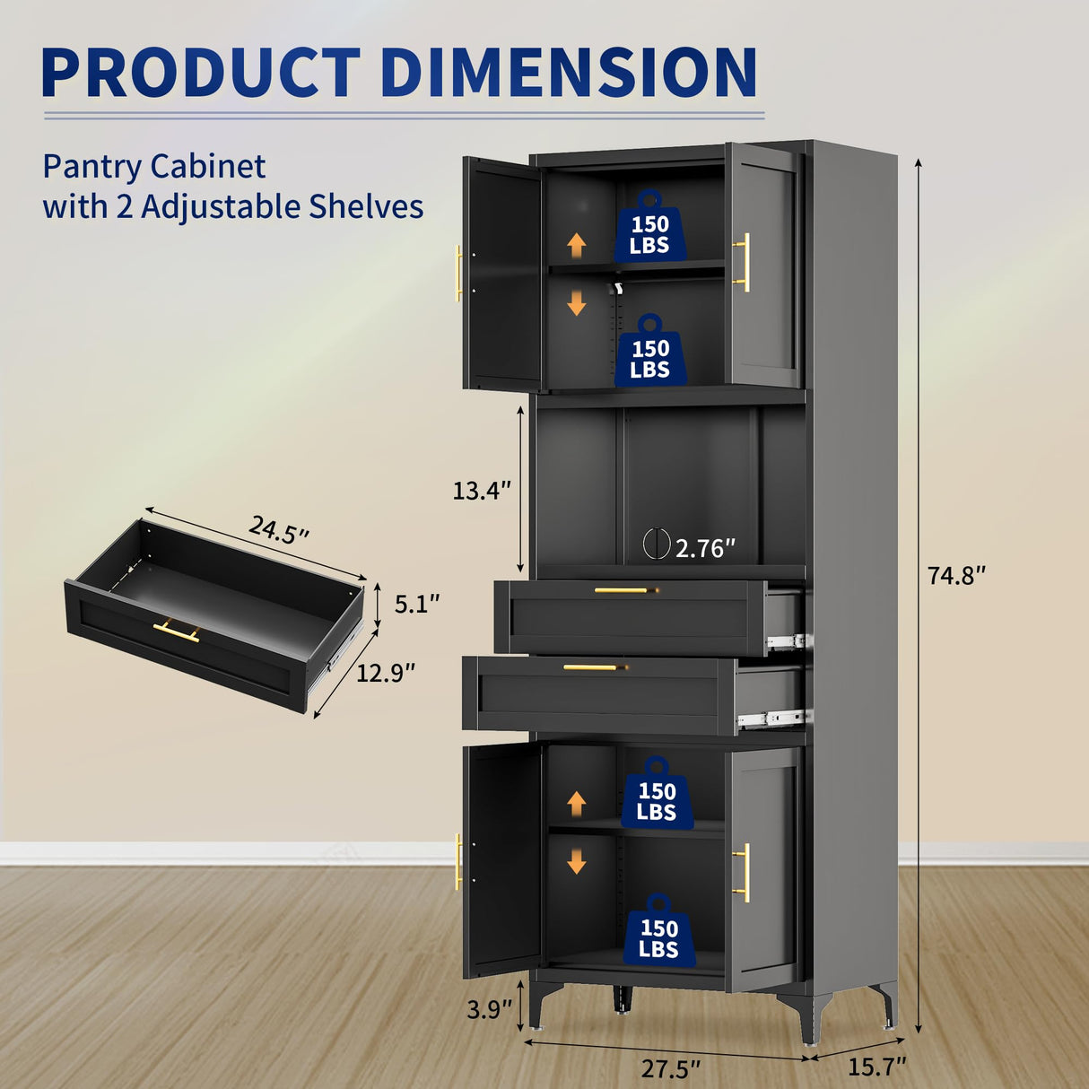 ZLBRDS 75” Tall Kitchen Pantry Storage Cabinet, Metal Storage Cabinet with 2 Drawers and Adjustable Shelves, Kitchen Pantry Cupboard, Freestanding Cupboard for Bathroom, Living Room(Black) ZLBRDS