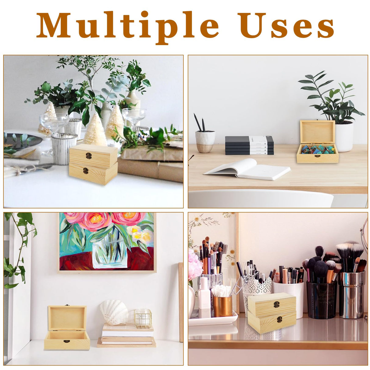 MUXHEL 12 Pcs Unfinished Wooden Boxes - 6" 4" 2" Wood Craft Boxes with Hinged Lid, Bulk Rectangle Wooden Storage Boxes for DIY, Painting, Storage (with 10 Brushes) MUXHEL