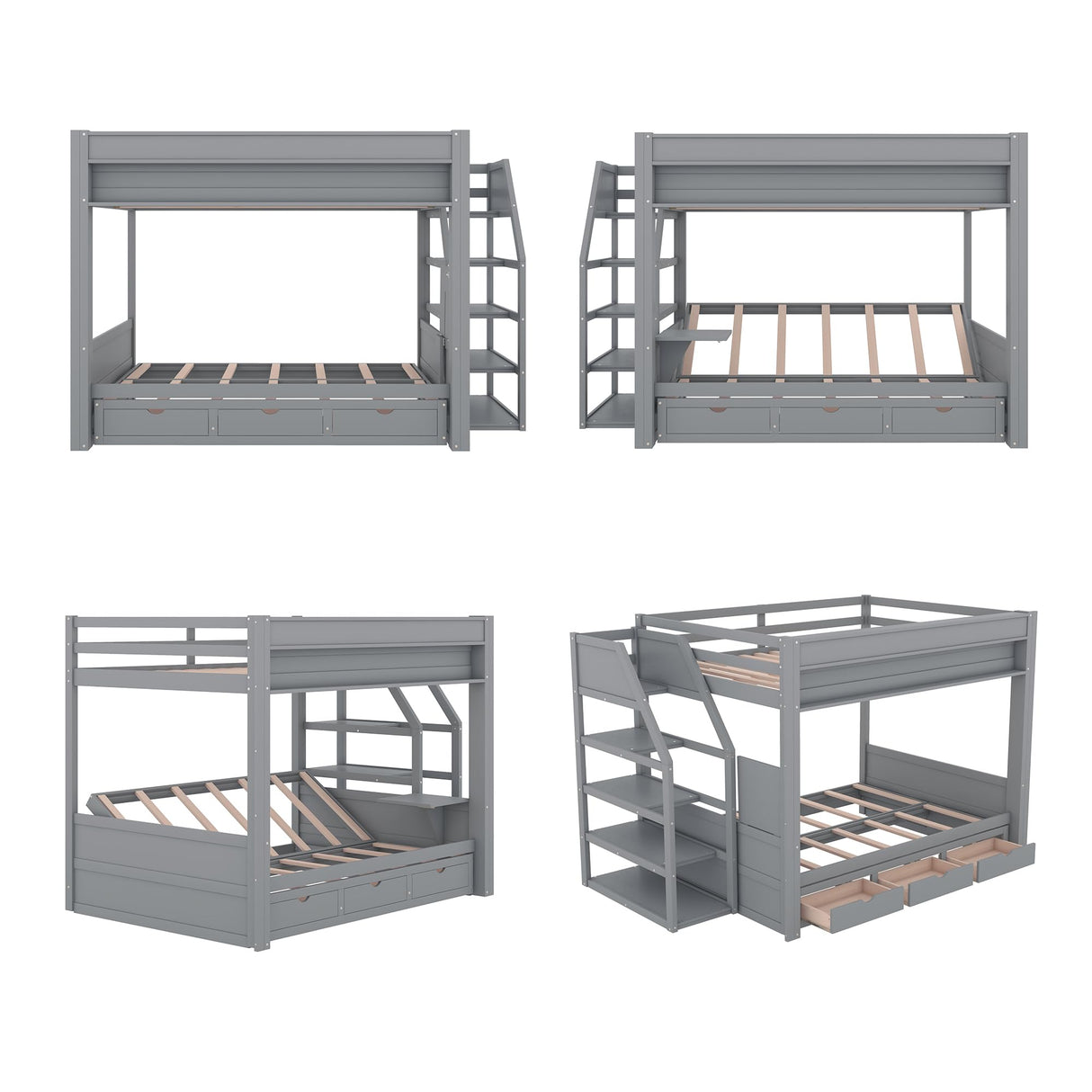 Harper & Bright Designs Full Over Full/Futon Bunk Beds with Stairs and 3 Drawers, Built-in Shelf, Bottom Bed can be Converted into Daybed, Solid Wood Bunk Bed Frame - Gray Harper & Bright Designs