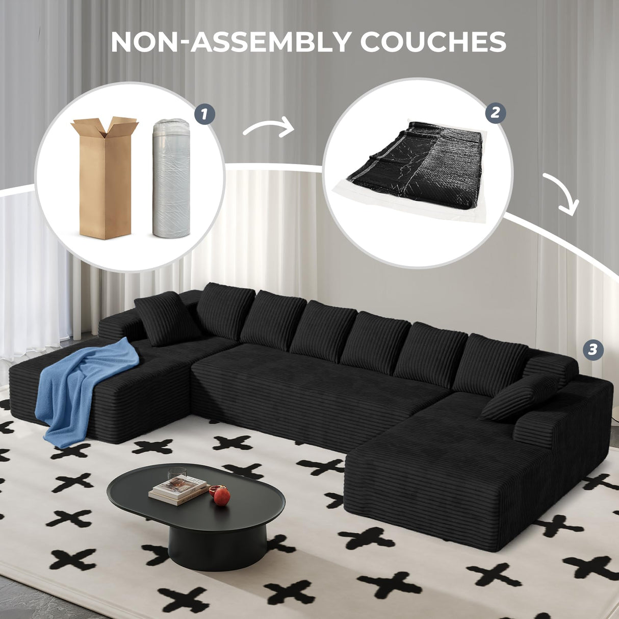 131'' U Shaped Sectional Couches with Chaise Lounge, No Assembly Required Deep Seat Modular Cloud Sofa for Living Room 1PCS, Bedroom Luxanimarion