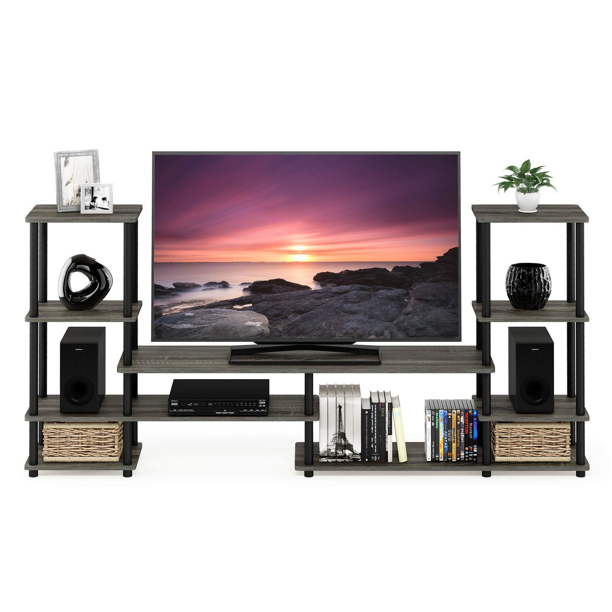 FURINNO Turn-N-Tube Grand Entertainment Center, French Oak Grey/Black Furinno